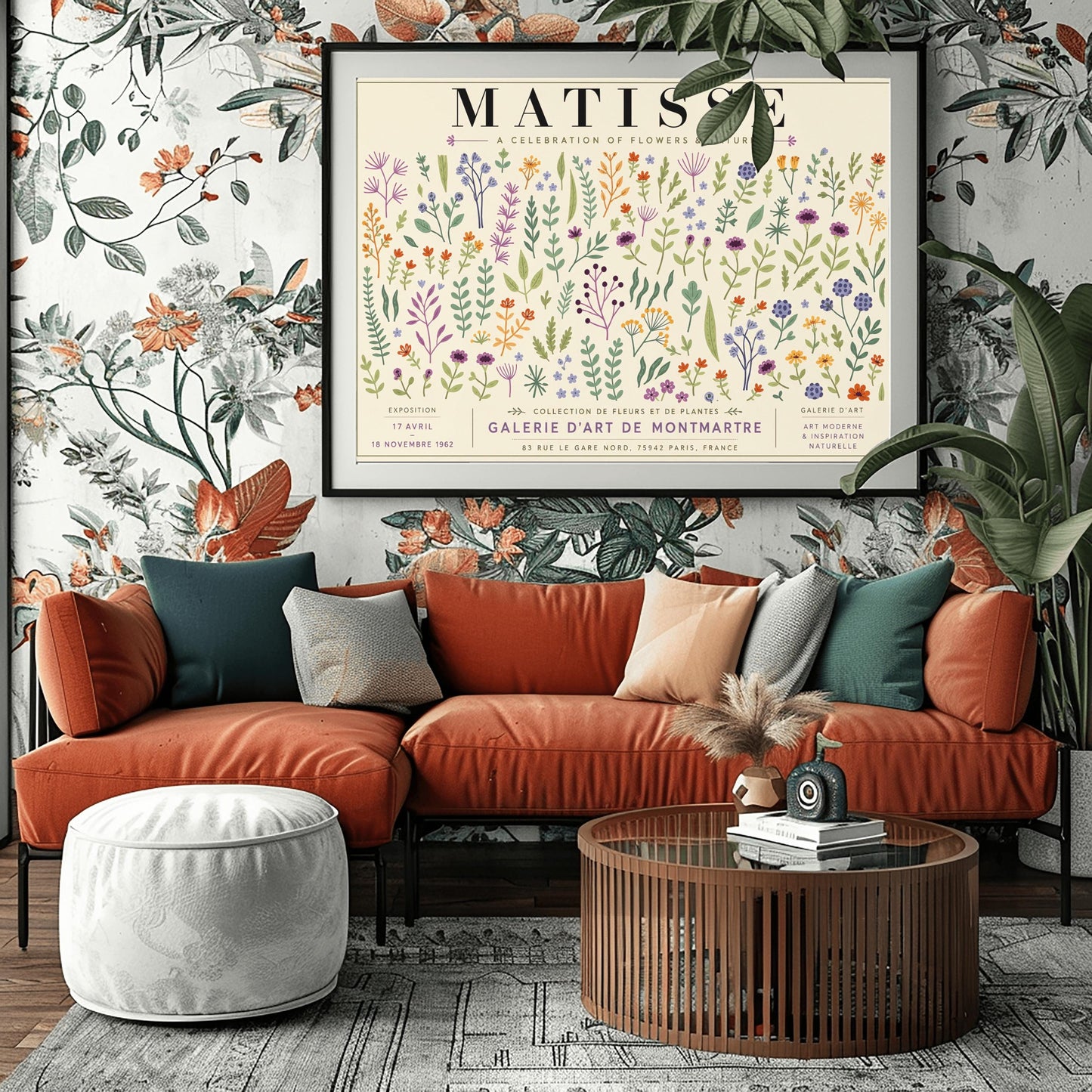 A vertical gallery exhibition poster with a warm cream border. Bold black text at the top reads "HENRI MATISSE". The central artwork is a rectangular block with a solid sand-beige background, featuring a cream silhouette of an abstract, four-petaled flower with a circular center.