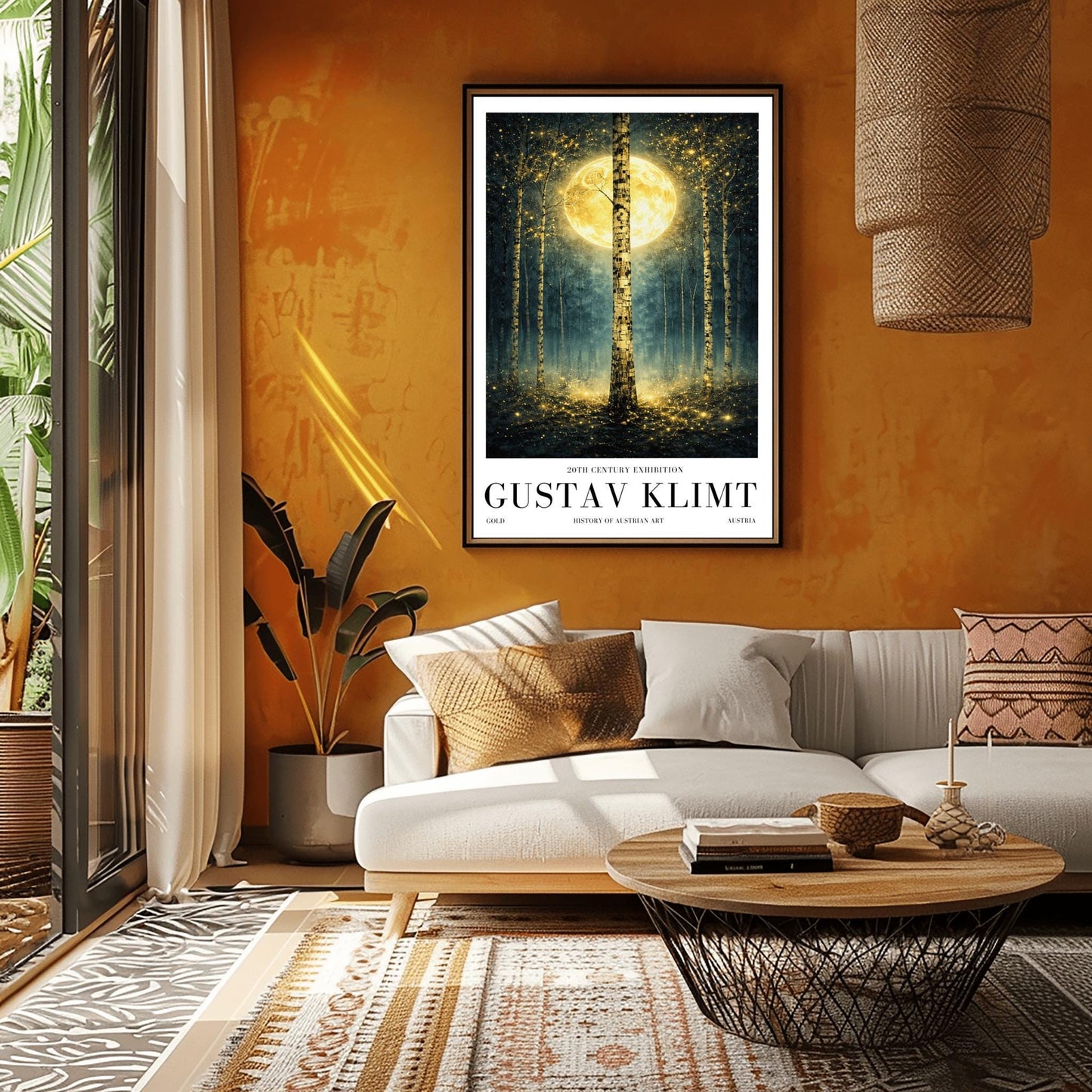 A vertical Art Nouveau-style illustration of a birch forest at night. A large golden moon hangs behind a central birch tree. The forest is filled with teal mist and shimmering golden stardust. The trees have intricate, mosaic-like textures on their bark.