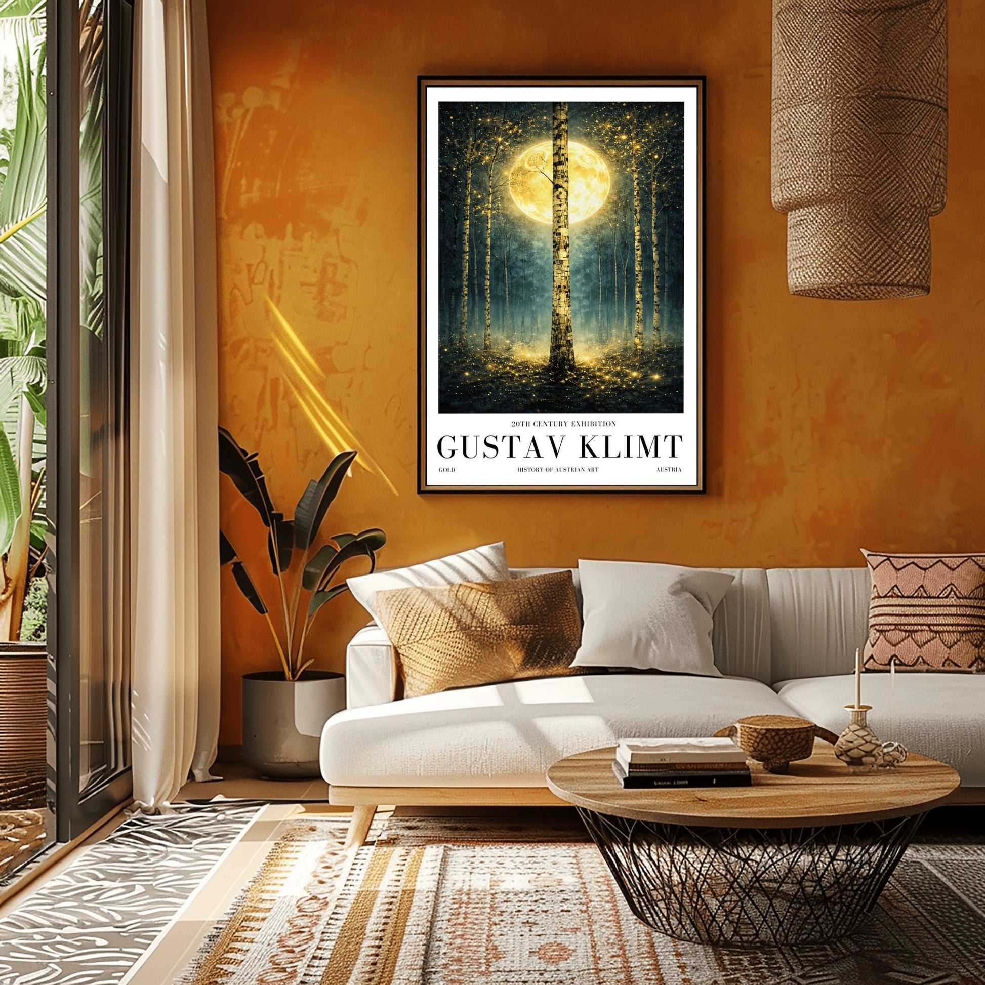 A vertical Art Nouveau-style illustration of a birch forest at night. A large golden moon hangs behind a central birch tree. The forest is filled with teal mist and shimmering golden stardust. The trees have intricate, mosaic-like textures on their bark.