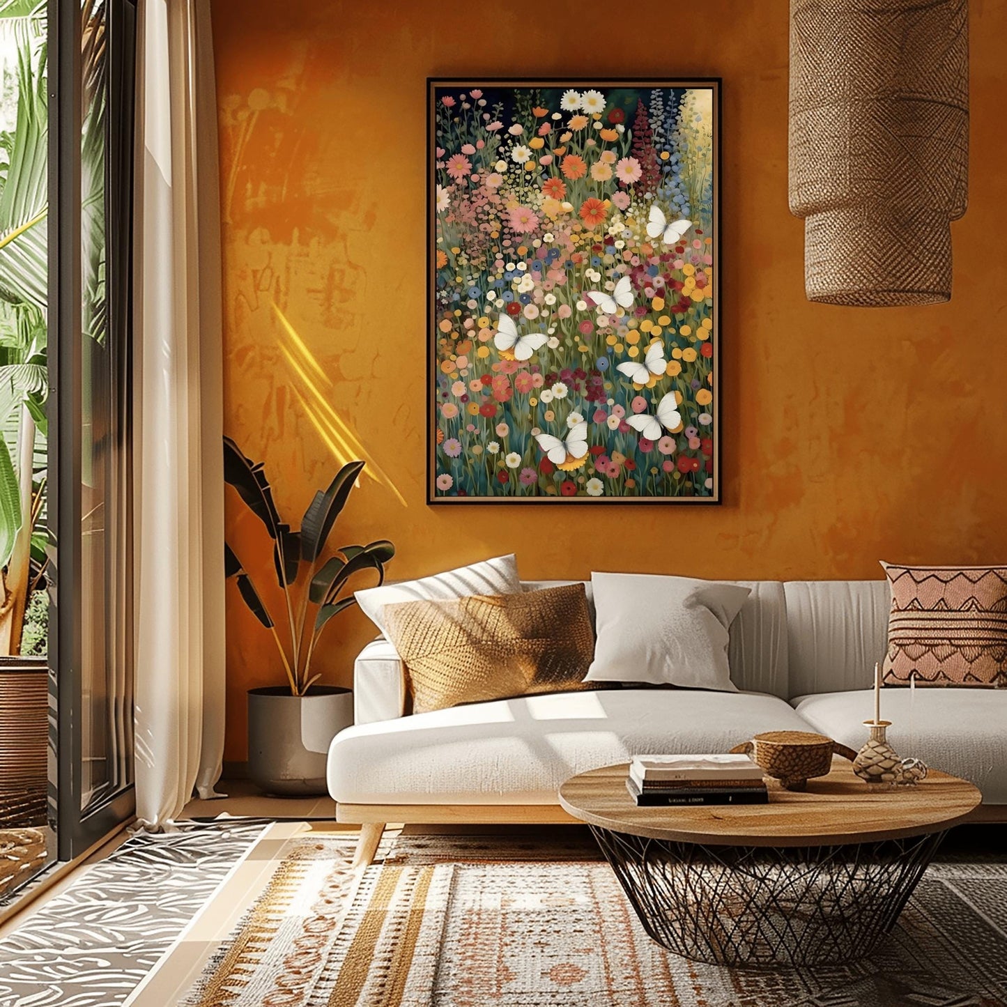 A vertical fine art painting in the style of Gustav Klimt. A dense field of colorful wildflowers in shades of orange, pink, yellow, and red fills the frame. Several large, delicate white butterflies are scattered throughout the meadow, appearing to fly toward a soft golden light in the upper right corner. The style is highly textured with decorative mosaic patterns.