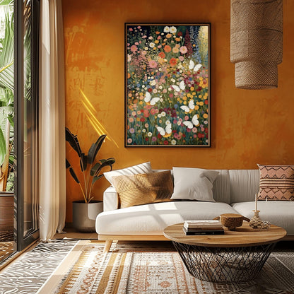 A vertical fine art painting in the style of Gustav Klimt. A dense field of colorful wildflowers in shades of orange, pink, yellow, and red fills the frame. Several large, delicate white butterflies are scattered throughout the meadow, appearing to fly toward a soft golden light in the upper right corner. The style is highly textured with decorative mosaic patterns.