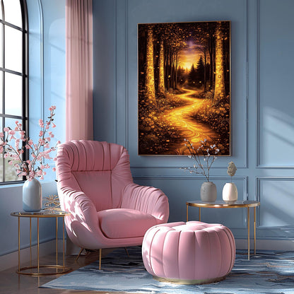 A vertical full-bleed illustration in the style of Gustav Klimt. A glowing, winding golden path flows through a dark forest. Large trees on either side are decorated with intricate golden mosaic patterns. The background features dark silhouettes of pines against a hazy, sunlit sky.