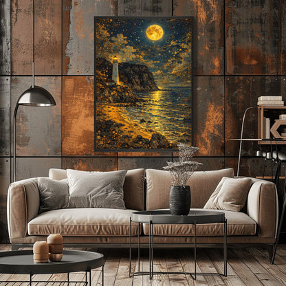 A vertical museum exhibition poster in the style of Gustav Klimt. A white lighthouse stands on a rugged cliff overlooking a dark ocean at night. A massive golden moon with mosaic patterns fills the top of the sky, reflecting on the waves. Bold black text at the bottom reads "GUSTAV KLIMT."