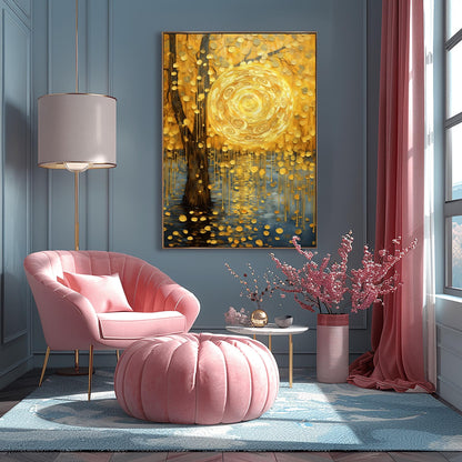 A vertical abstract landscape in the style of Gustav Klimt. A large, swirling golden sun hangs in a warm gold sky next to a dark tree trunk. Cascading golden discs fall from the tree like rain into dark blue water below. The entire scene is filled with intricate spiral textures and shimmering gold leaf effects.
