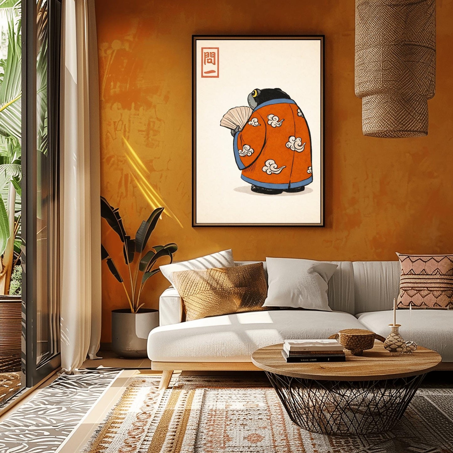 A vertical Japanese woodblock-style art print of a large, dark grey-black frog seen from behind. The frog is wearing an ornate burnt orange kimono decorated with white cloud motifs and blue piping. It holds a beige folding fan in its small hand. In the top left corner is a red rectangular stamp containing Japanese calligraphy. The entire image is set against a textured, pale cream background in a minimalist aesthetic.