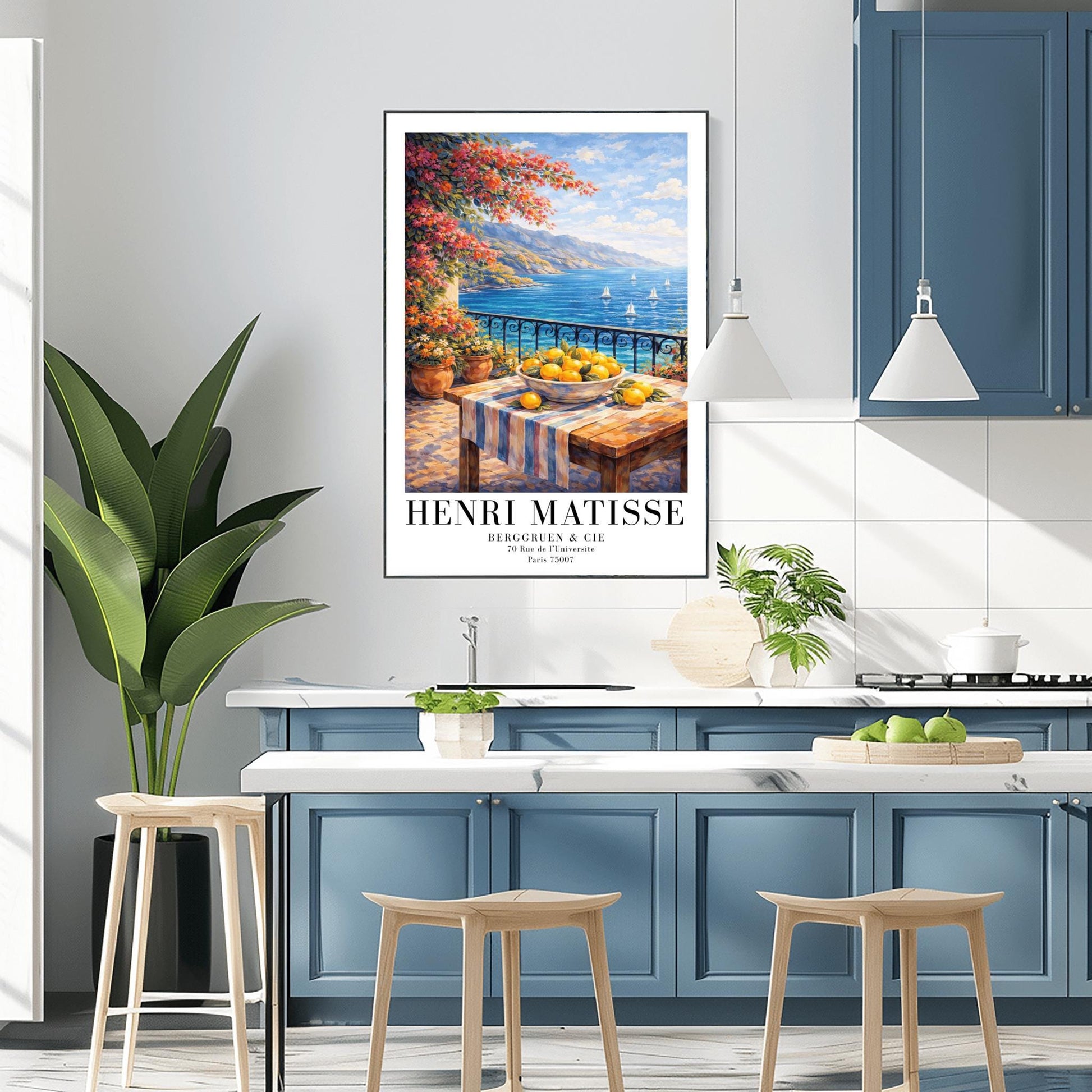 A vertical painterly illustration of a stone terrace with a black iron railing. A pink bougainvillea tree hangs from the top left over a wooden table with a bowl of oranges and lemons. Beyond the railing is a blue sea with white sailboats and a distant mountainous coastline.