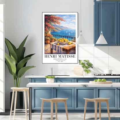 A vertical painterly illustration of a stone terrace with a black iron railing. A pink bougainvillea tree hangs from the top left over a wooden table with a bowl of oranges and lemons. Beyond the railing is a blue sea with white sailboats and a distant mountainous coastline.