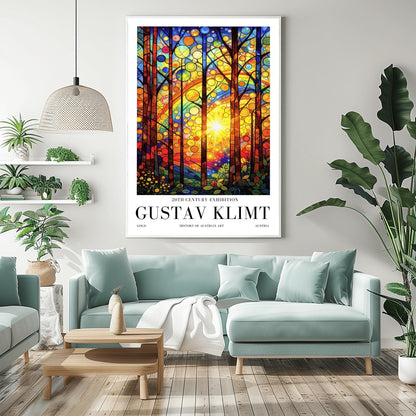 A vertical museum exhibition poster in the style of Gustav Klimt. A bright sun radiates light through a forest where the leaves are represented by colorful circles resembling stained glass. The foreground features detailed flowers and leaves. Bold black text at the bottom reads "GUSTAV KLIMT" and "HISTORY OF AUSTRIAN ART."