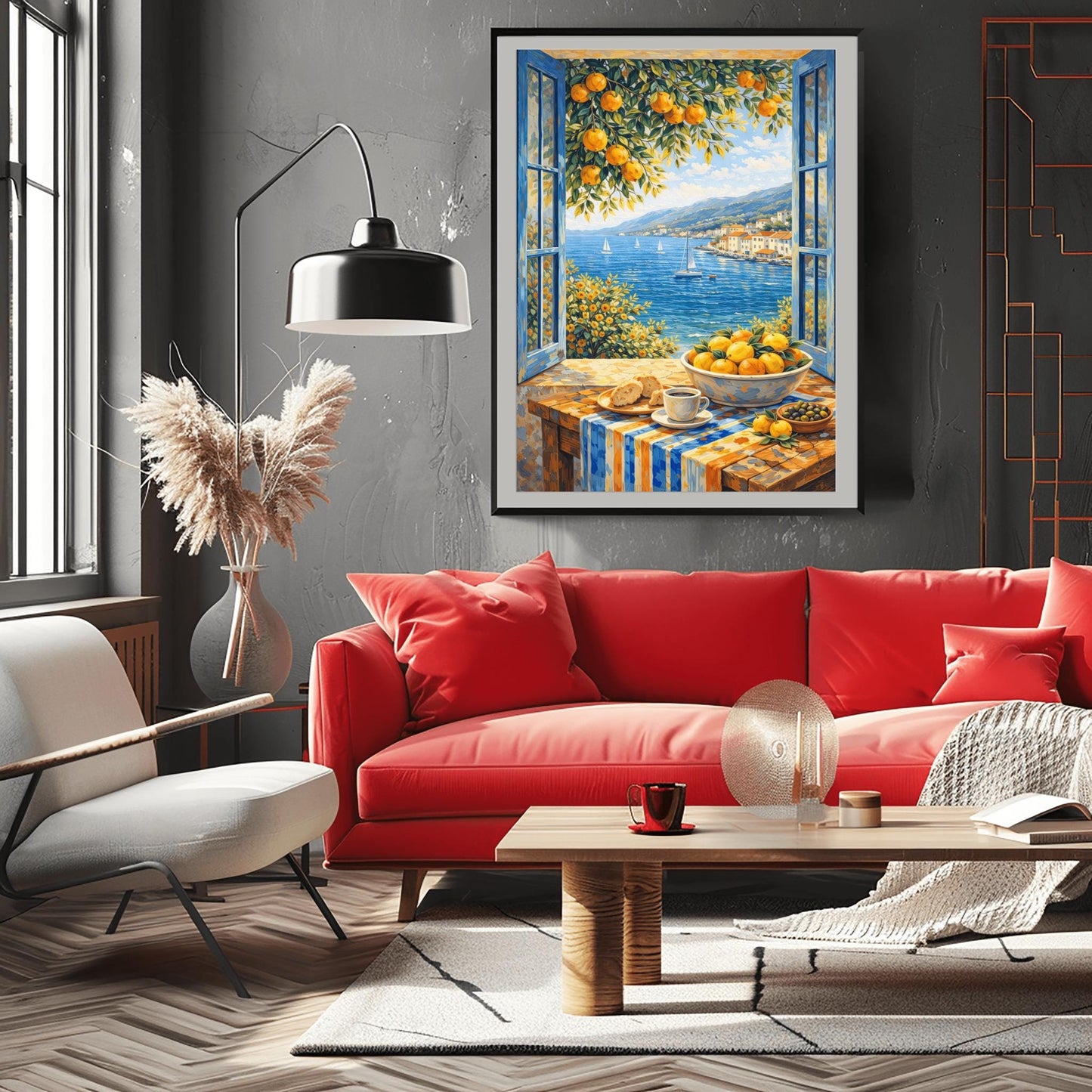 A vertical painterly illustration of a breakfast table in front of an open window with blue shutters. On the table is a cup of coffee, croissants, olives, and a bowl of oranges. Outside the window is a blue sea with sailboats and a coastal town under a bright sky.