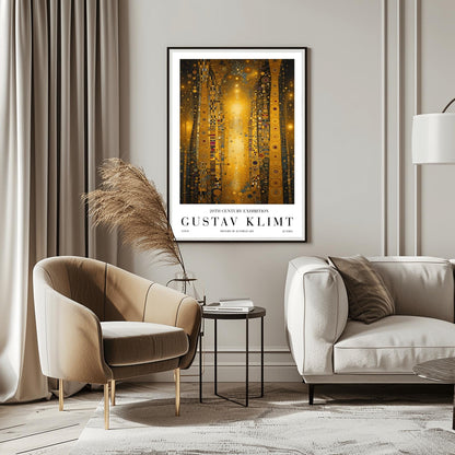 A vertical abstract painting in the style of Gustav Klimt. Several tall, narrow pillars filled with gold leaf textures and geometric patterns (circles, spirals, and squares) rise against a dark background filled with golden stardust. A central column of bright, shimmering light anchors the composition. The colors include brilliant gold, ochre, black, and touches of deep red and blue.