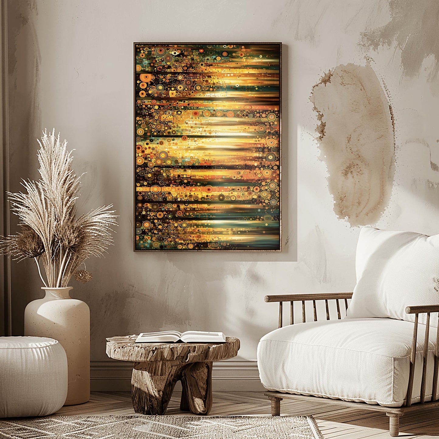 A horizontal abstract fine art print in the style of Gustav Klimt. The composition is made of horizontal bands of light and dark. Each band is filled with thousands of small mosaic circles and geometric patterns in shades of gold, amber, dark green, and teal. The center glows with a bright, sun-like yellow light.