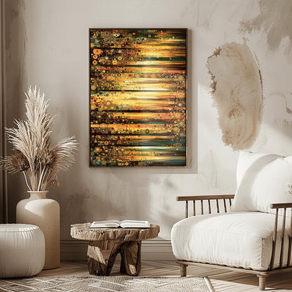 A horizontal abstract fine art print in the style of Gustav Klimt. The composition is made of horizontal bands of light and dark. Each band is filled with thousands of small mosaic circles and geometric patterns in shades of gold, amber, dark green, and teal. The center glows with a bright, sun-like yellow light.