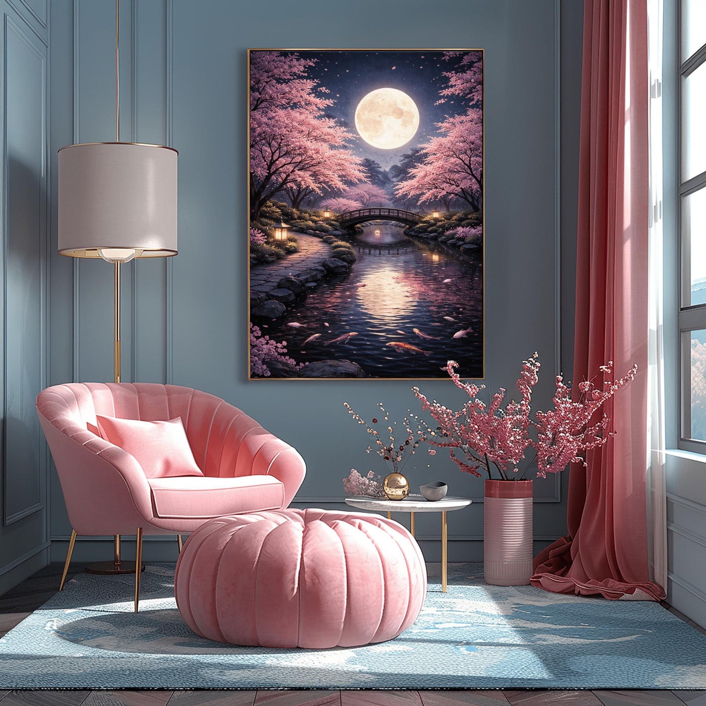 A vertical illustration of a Japanese garden at night in a Klimt-inspired mosaic style. A large full moon shines over a curved bridge and a koi pond. Glowing pink cherry blossom trees frame the scene. Stone lanterns light a stone path in the foreground.