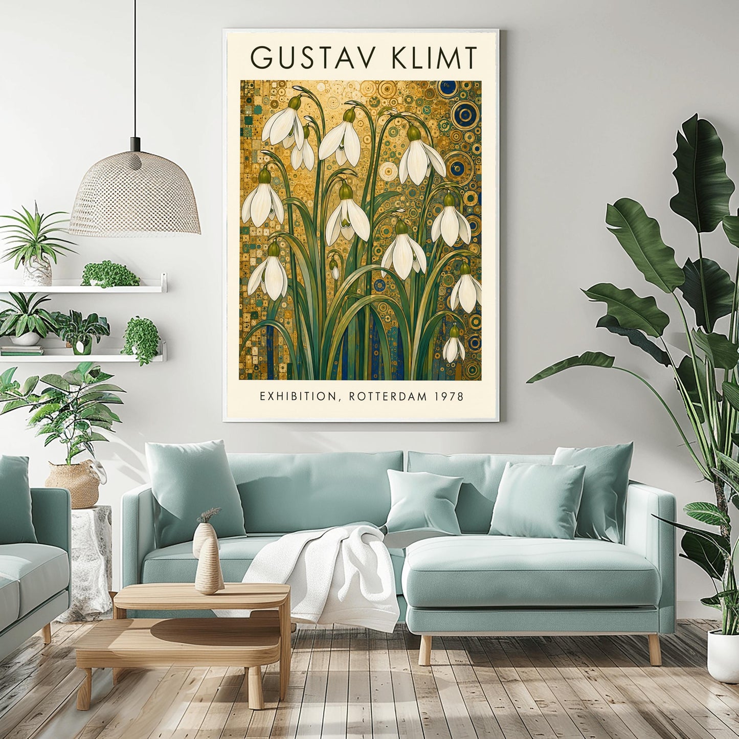 A vertical retro exhibition poster for Gustav Klimt featuring a wide cream-colored border. The central image shows an intricate Art Nouveau illustration of a cluster of delicate white snowdrop flowers with long green leaves reaching upward. The background is an opulent, decorative tapestry of metallic gold patterns, featuring detailed concentric circles, swirling spirals, and tiny mosaic tiles accented with hints of blue and teal.