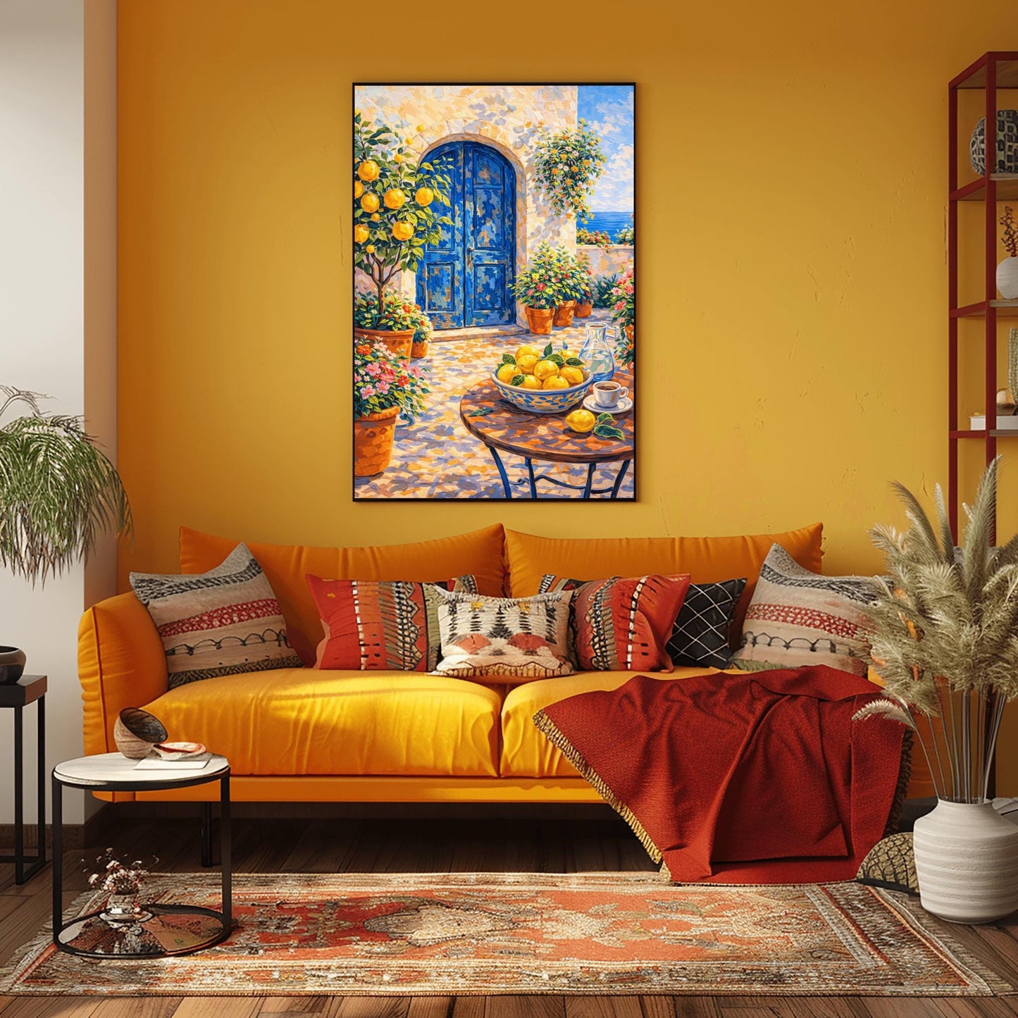 A vertical painterly illustration of a sun-drenched Mediterranean courtyard with a large arched blue door. A table in the foreground holds a bowl of lemons and a cup of coffee. Terracotta pots with flowers and a lemon tree surround the stone patio, with a view of the blue sea in the background.