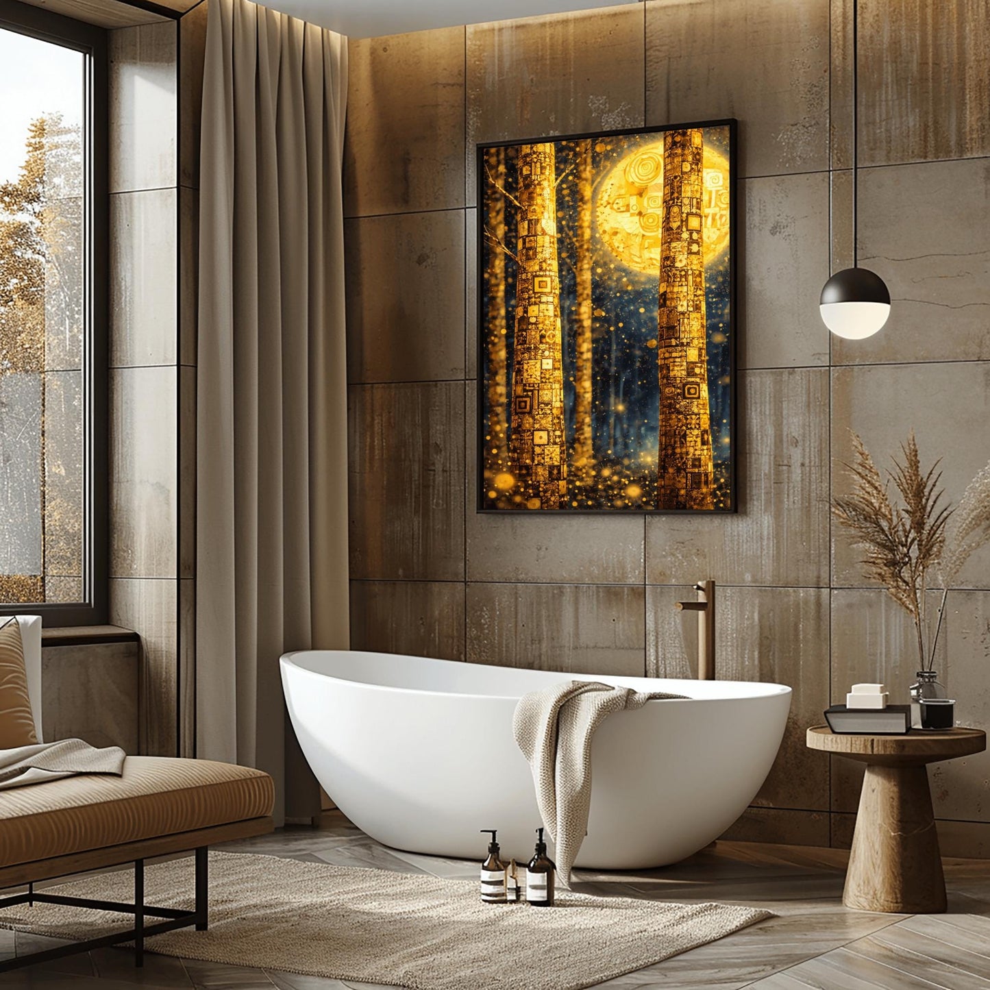 A vertical art print in the style of Gustav Klimt. Two tall tree trunks in the foreground are covered in a dense, golden mosaic of squares, circles, and intricate geometric patterns. In the background, a large, glowing golden moon with swirling patterns hangs in a dark blue forest. The entire scene is filled with shimmering golden light particles and soft bokeh orbs, creating a luminous and magical atmosphere.