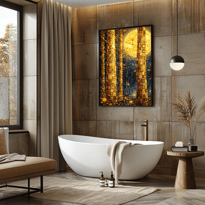 A vertical art print in the style of Gustav Klimt. Two tall tree trunks in the foreground are covered in a dense, golden mosaic of squares, circles, and intricate geometric patterns. In the background, a large, glowing golden moon with swirling patterns hangs in a dark blue forest. The entire scene is filled with shimmering golden light particles and soft bokeh orbs, creating a luminous and magical atmosphere.