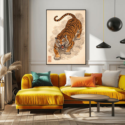 A vertical Japanese-style art print of an orange and black striped tiger prowling forward with an open mouth and fierce expression. The tiger is surrounded by stylized, swirling grey clouds of mist. The background is a textured light cream color, and a red square calligraphy seal is visible in the bottom left corner. The style is reminiscent of traditional ukiyo-e woodblock prints.