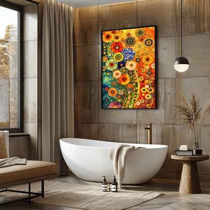 A vertical fine art print in the style of Gustav Klimt. A dense, abstract field of stylized flowers made of colorful mosaic circles and geometric patterns. The left side is a deep teal blue, while the right side is a warm, glowing orange. Shimmering gold flecks and tiled stems wind through the composition.