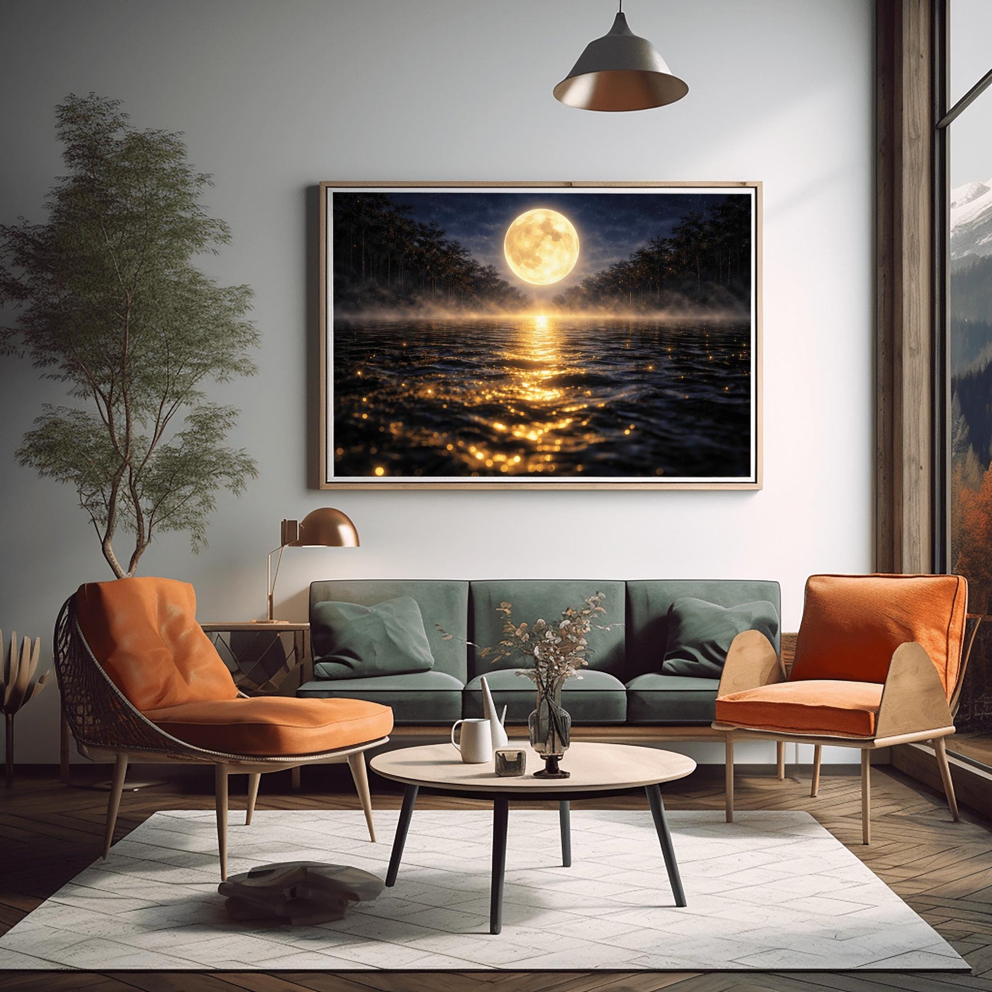 A horizontal landscape art print in the style of Gustav Klimt. A large, luminous golden moon hangs in a dark, starlit sky over a calm lake. A brilliant trail of golden light reflects across the dark water toward the viewer. Low-lying mist rolls across the lake's surface, and silhouetted dark trees line the distant shore. The overall color palette is a striking contrast of deep midnight blue and radiant metallic gold.
