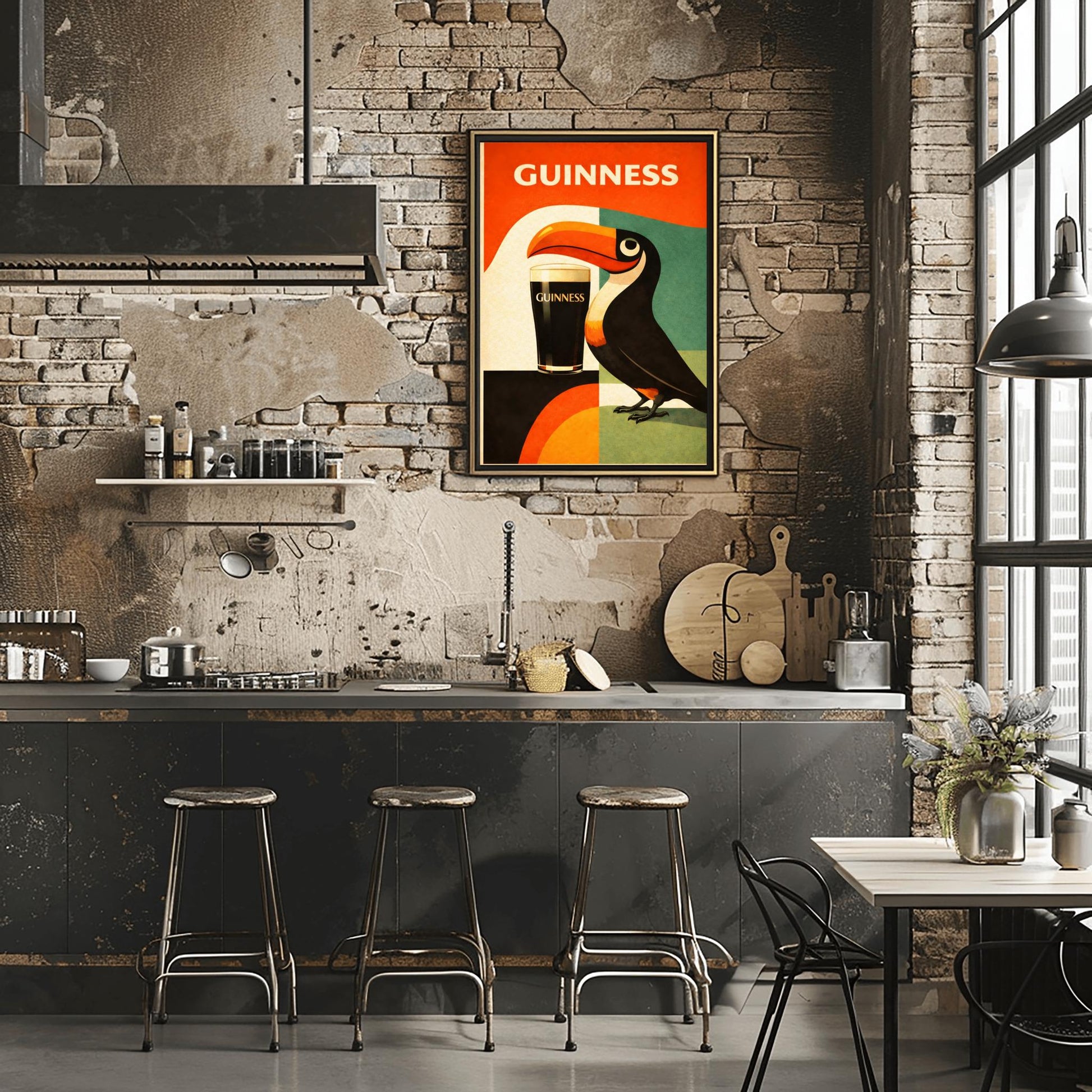 A vertical minimalist poster for Guinness in a mid-century modern style. A stylized, geometric toucan stands next to a pint of beer. The background is made of large blocks of orange, teal, and black. Bold white text at the top reads "GUINNESS."