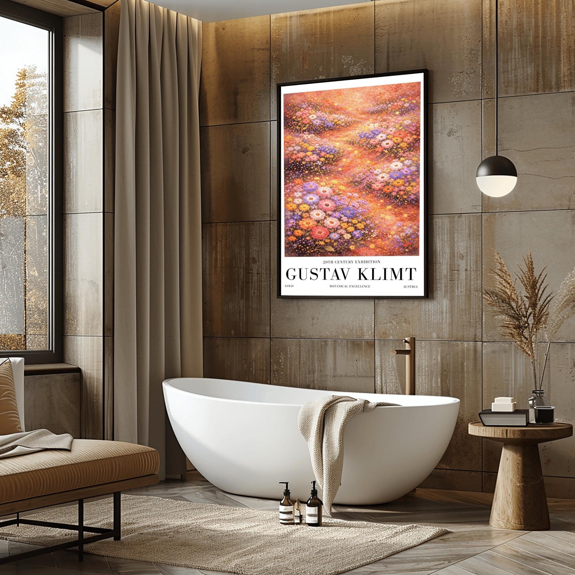 A vertical, highly detailed Art Nouveau-style illustration of a dense wildflower meadow. Stylized flowers in shades of lavender, coral, and orange are outlined in gold. Shimmering golden particles float between the blooms against a warm, glowing amber background.