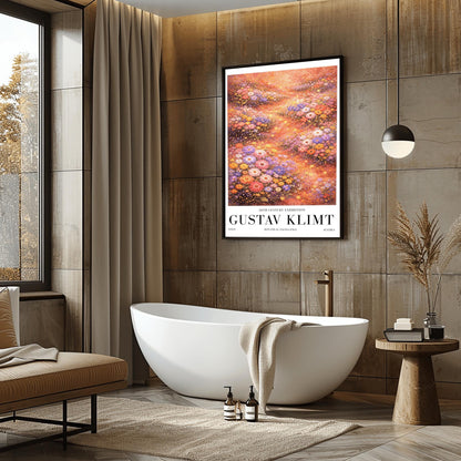 A vertical, highly detailed Art Nouveau-style illustration of a dense wildflower meadow. Stylized flowers in shades of lavender, coral, and orange are outlined in gold. Shimmering golden particles float between the blooms against a warm, glowing amber background.