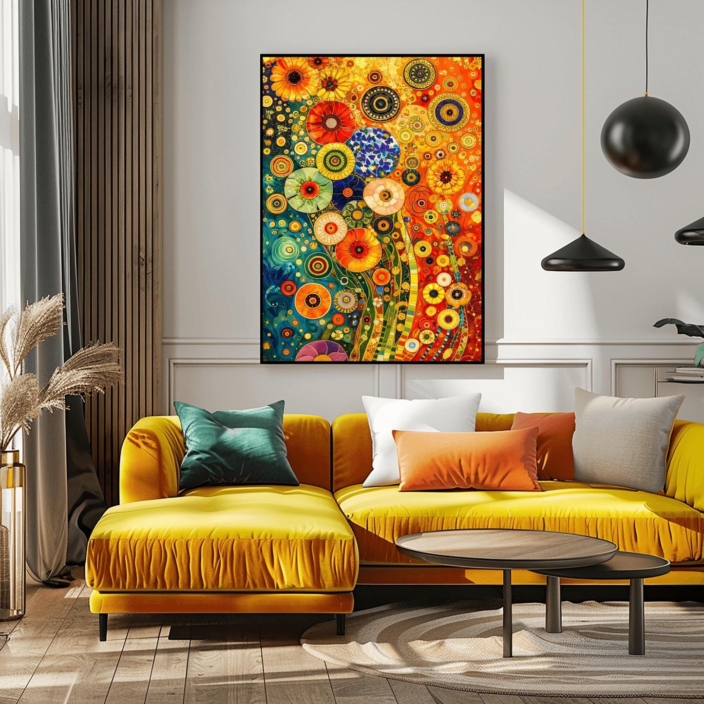A vertical fine art print in the style of Gustav Klimt. A dense, abstract field of stylized flowers made of colorful mosaic circles and geometric patterns. The left side is a deep teal blue, while the right side is a warm, glowing orange. Shimmering gold flecks and tiled stems wind through the composition.