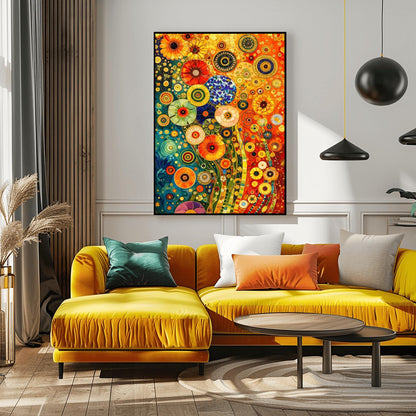 A vertical fine art print in the style of Gustav Klimt. A dense, abstract field of stylized flowers made of colorful mosaic circles and geometric patterns. The left side is a deep teal blue, while the right side is a warm, glowing orange. Shimmering gold flecks and tiled stems wind through the composition.