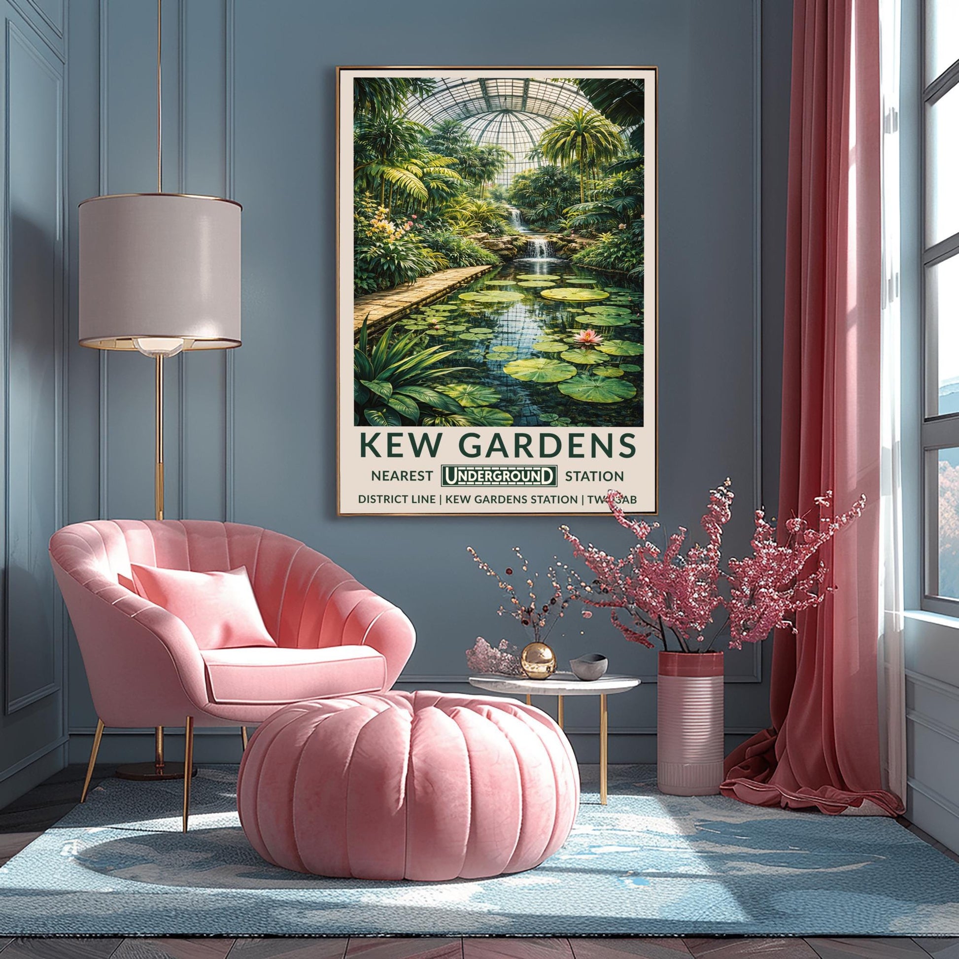 A vertical vintage-style travel poster for Kew Gardens. The artwork depicts the interior of a massive glass conservatory filled with dense tropical plants and tall palm trees. In the foreground, a calm pond features large green lily pads and pink flowers. A stone walkway runs alongside the pond leading toward a multi-tiered waterfall in the center. The scene is topped by a large, grid-patterned glass dome.