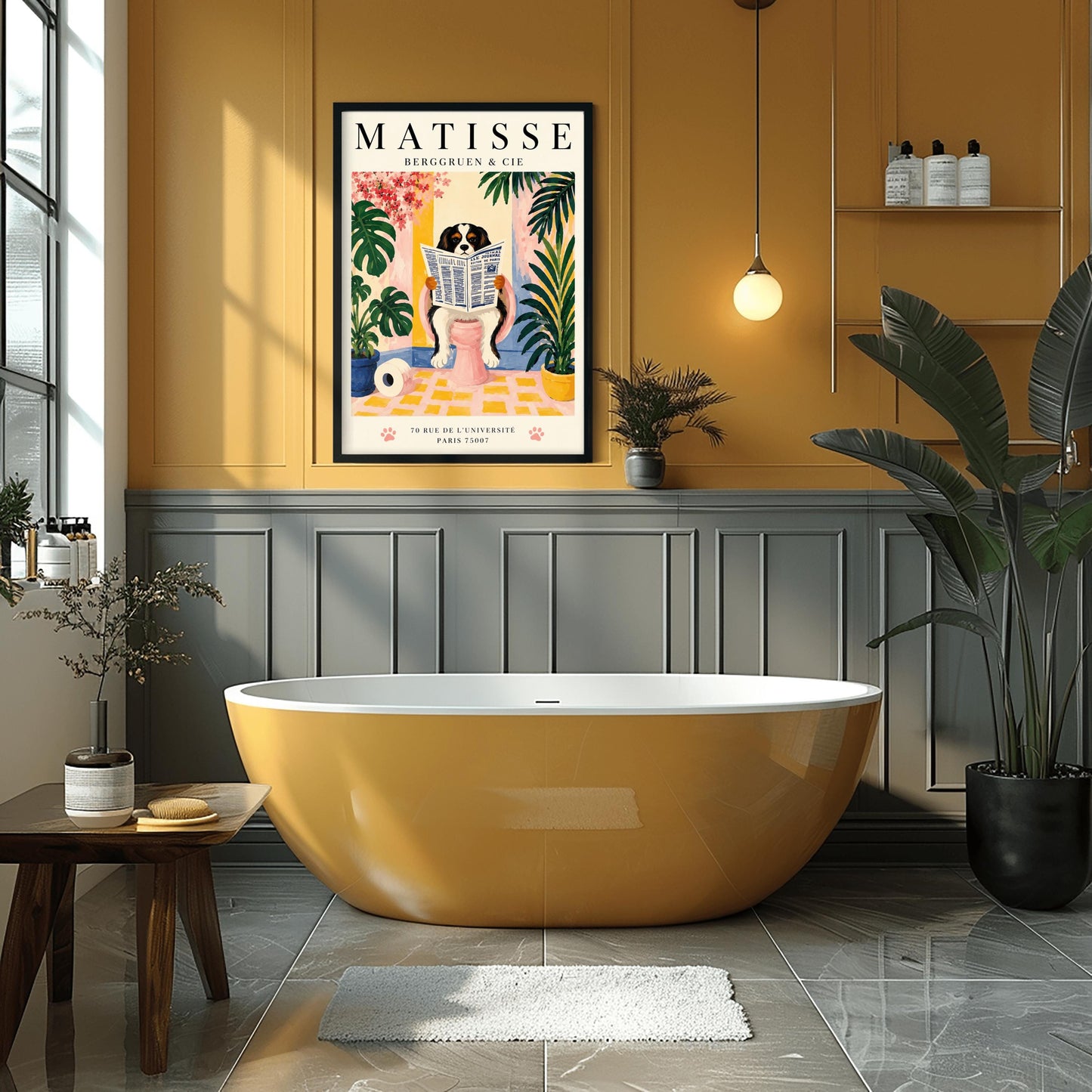 A vertical vintage-style exhibition poster on a cream background titled "MATISSE BERGGRUEN & CIE" in bold black font. The main gouache-style illustration depicts a tricolor black, white, and tan Cavalier King Charles Spaniel sitting on a pink toilet. The dog is holding and reading a blue-and-white French newspaper titled "LE JOURNAL". The bathroom scene includes a roll of toilet paper on a yellow checkered floor, potted monstera and palm plants