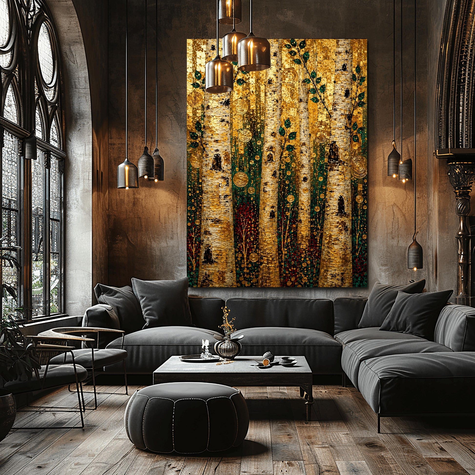 A vertical fine art print in the style of Gustav Klimt featuring a dense forest of birch trees. The thick, textured tree trunks are detailed in white, black, and gold. Slender branches with dark green leaves grow upward. The background is filled with a shimmering, mosaic-like texture of gold leaf patterns, dotted with decorative gold concentric circles, spirals, and dark red and teal shapes mimicking a forest floor.