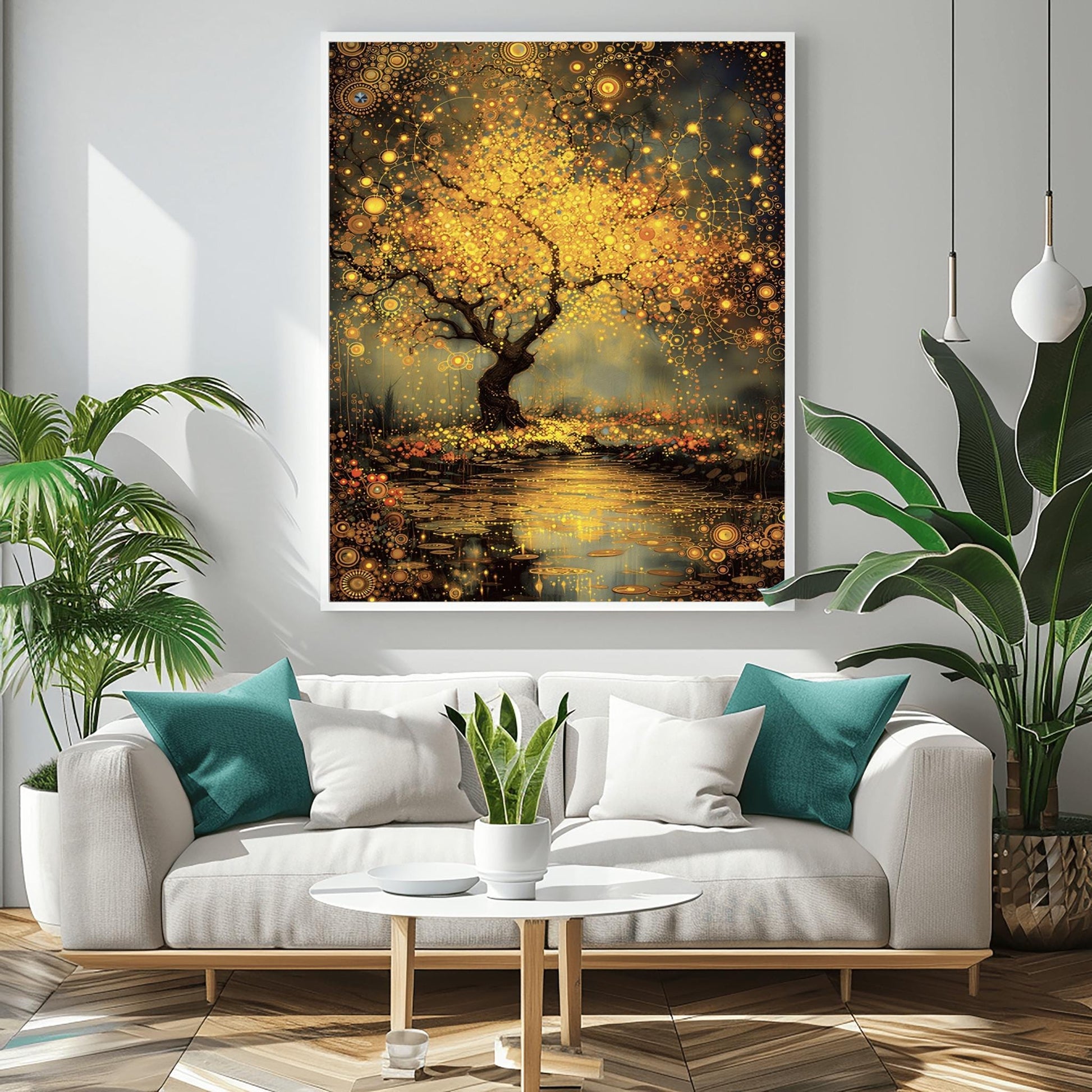 A vertical, highly detailed painting in the style of Gustav Klimt. A large tree with a dark, twisted trunk stands beside a dark pond. The tree's branches are a dense explosion of golden circular patterns, spirals, and mosaic-like flowers. The pond below reflects the golden light and is dotted with glowing lily pads. The background is a moody, textured grey-green. The entire scene is rich with golden textures and intricate geometric details.