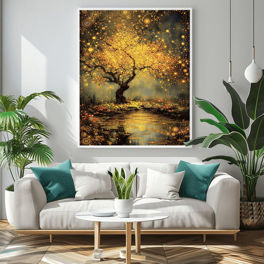 A vertical, highly detailed painting in the style of Gustav Klimt. A large tree with a dark, twisted trunk stands beside a dark pond. The tree's branches are a dense explosion of golden circular patterns, spirals, and mosaic-like flowers. The pond below reflects the golden light and is dotted with glowing lily pads. The background is a moody, textured grey-green. The entire scene is rich with golden textures and intricate geometric details.