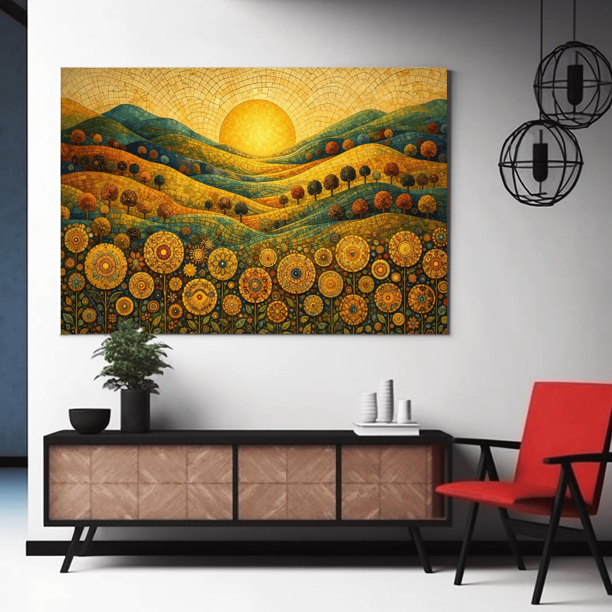 A horizontal landscape illustration in a mosaic style. A large golden sun is centered in a tiled sky above rolling hills of teal, gold, and orange. The hills are populated with small rounded trees. The foreground is a dense field of intricate, circular mandala-style flowers.