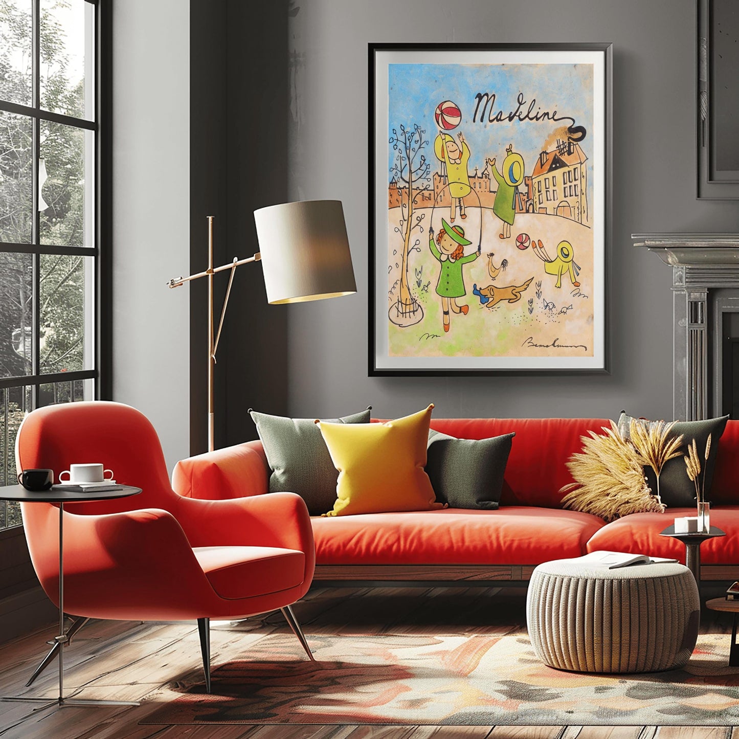 A vertical fine art exhibition poster featuring a vintage book cover style illustration of Madeline by Ludwig Bemelmans, set against a wide white gallery border. On a warm, aged parchment background with a blue sky, children in yellow hats are shown jumping rope, throwing a ball, and doing a handstand alongside a small dog. The name "Madeline" is written in elegant black script at the top.