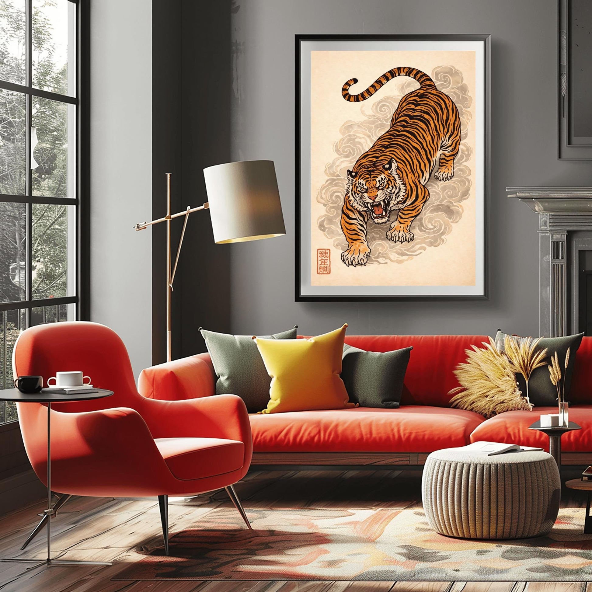 A vertical Japanese-style art print of an orange and black striped tiger prowling forward with an open mouth and fierce expression. The tiger is surrounded by stylized, swirling grey clouds of mist. The background is a textured light cream color, and a red square calligraphy seal is visible in the bottom left corner. The style is reminiscent of traditional ukiyo-e woodblock prints.