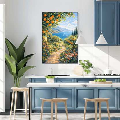 A vertical painterly illustration of a sun-dappled stone path winding through a garden of orange trees and colorful wildflowers. The path leads toward a blue sea with sailboats and distant mountains under a blue sky.