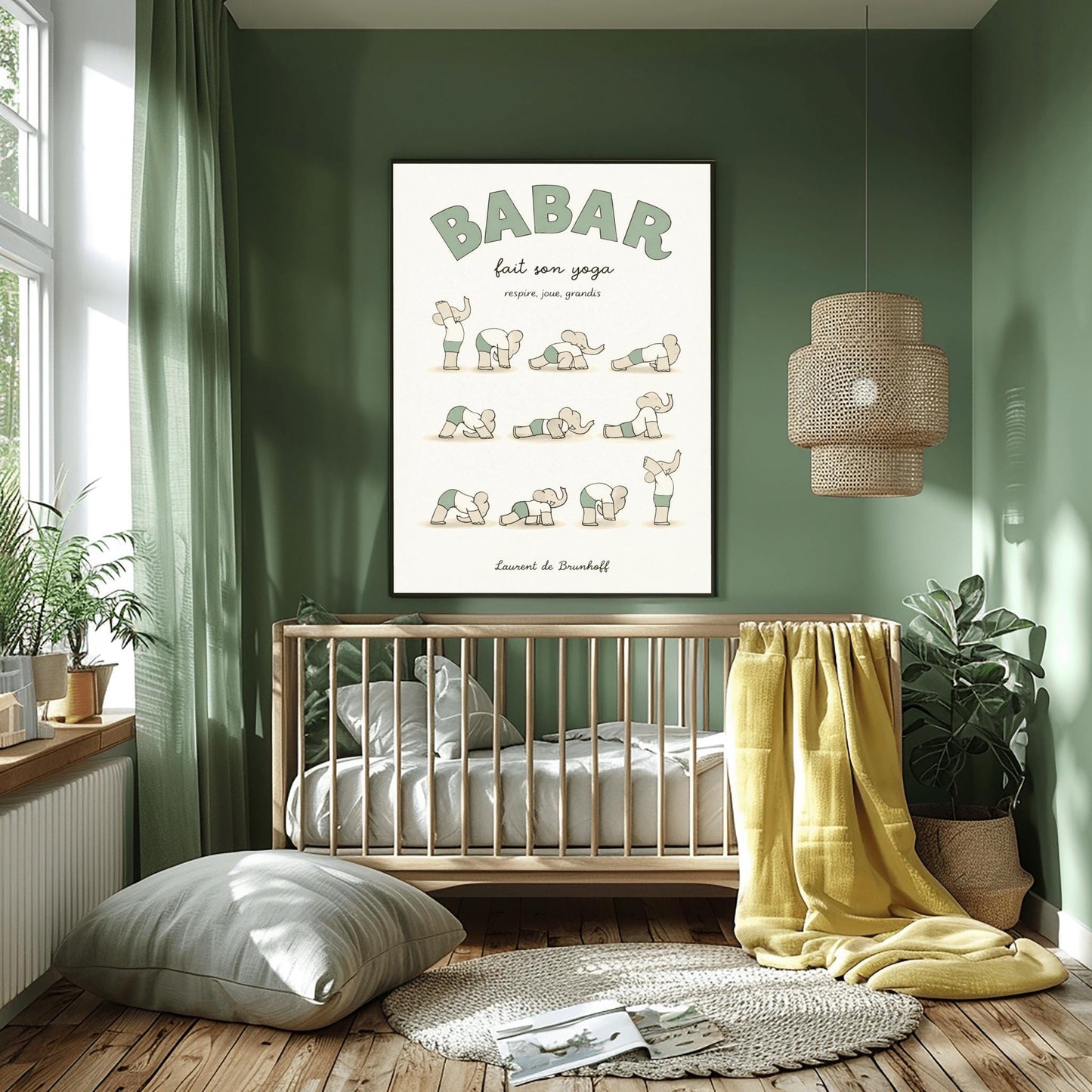 A vertical art print in muted sage green and cream tones titled "BABAR fait son yoga" with the subtitle "respire, joue, grandis." The poster shows eleven small, minimalist illustrations of a grey elephant in various yoga poses, wearing a white shirt and sage green shorts. The background is a soft off-white with a subtle paper texture, and the artist's name "Laurent de Brunhoff" is at the bottom.