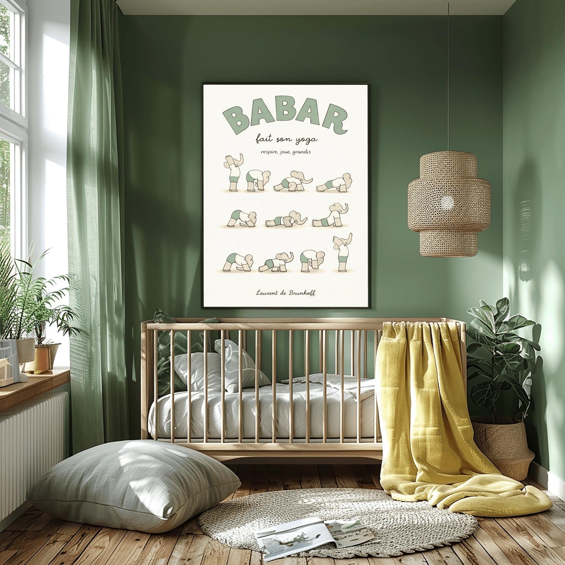 A vertical art print in muted sage green and cream tones titled "BABAR fait son yoga" with the subtitle "respire, joue, grandis." The poster shows eleven small, minimalist illustrations of a grey elephant in various yoga poses, wearing a white shirt and sage green shorts. The background is a soft off-white with a subtle paper texture, and the artist's name "Laurent de Brunhoff" is at the bottom.