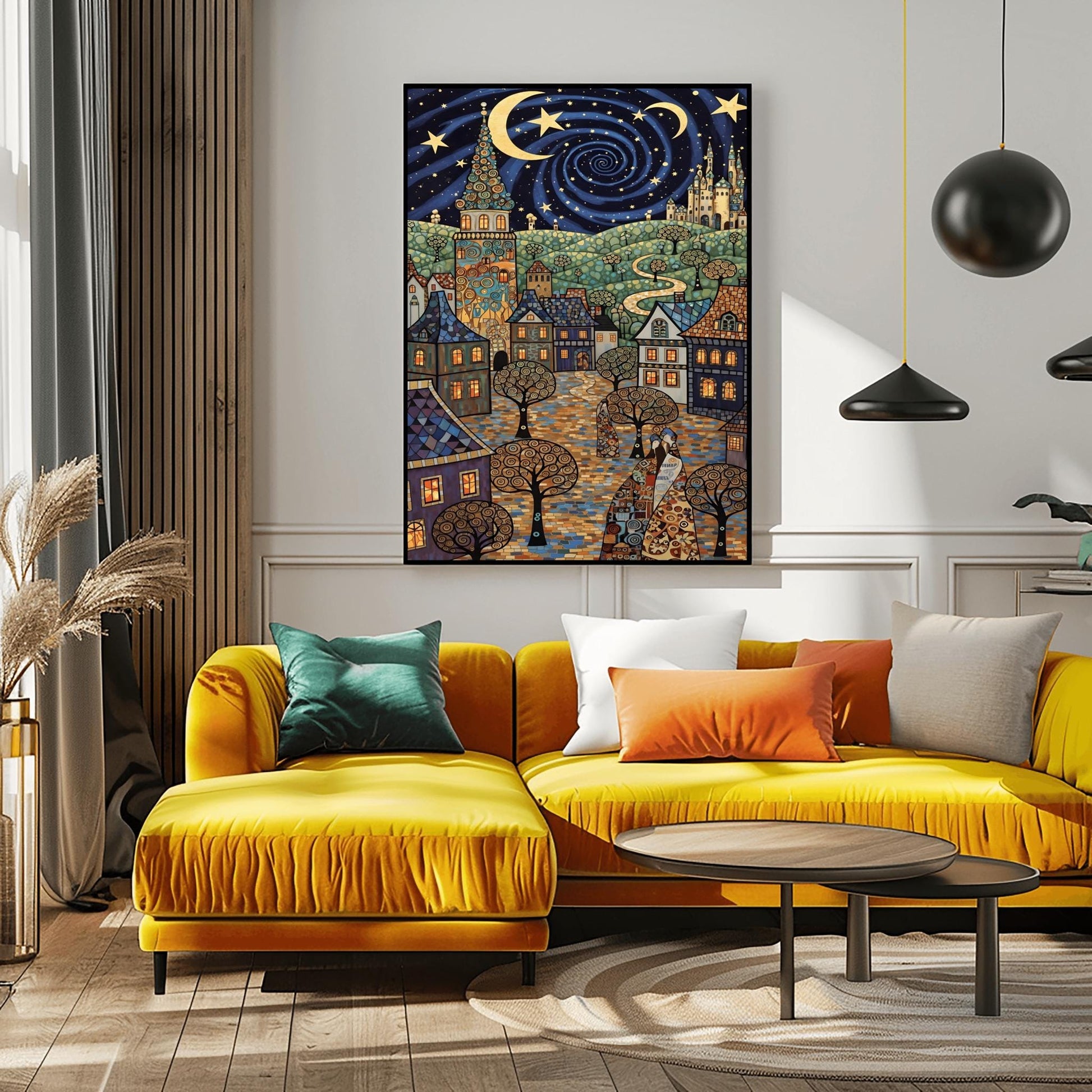 A vertical fine art print in the style of Gustav Klimt. A whimsical European village with mosaic-patterned houses and a tall tower sits under a swirling dark blue night sky. The sky features a large golden vortex, crescent moons, and stars. The ground is a colorful mosaic cobblestone path with spiral-patterned trees.
