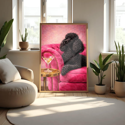 A vertical oil-style painting of a sophisticated black poodle with fluffy, well-groomed fur. The poodle is lying on a vibrant hot pink velvet tufted sofa. In the foreground, a martini glass with two green olives sits on a polished round gold side table. The background is a textured light pink, and the overall mood is glamorous, colorful, and maximalist.