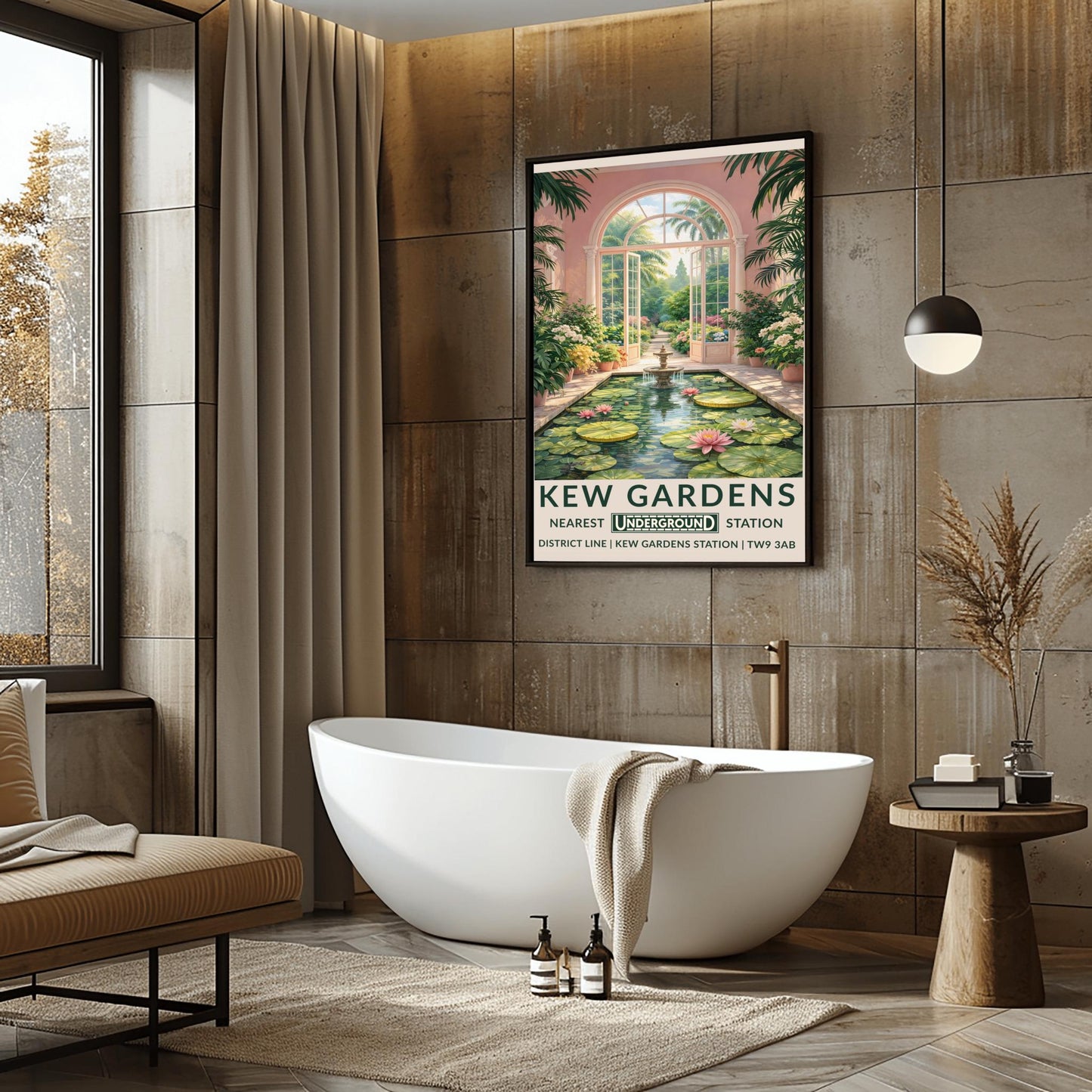 A vertical vintage travel poster for Kew Gardens. The scene is an interior view of a pink-walled conservatory featuring a long rectangular pond filled with lily pads and pink water lilies. A tiered stone fountain stands in the water. Large arched glass doors are open in the center, revealing a sun-drenched garden path lined with flowers and palm trees. The bottom features a cream border with bold green text: "KEW GARDENS" and "NEAREST UNDERGROUND STATION" with District Line details.