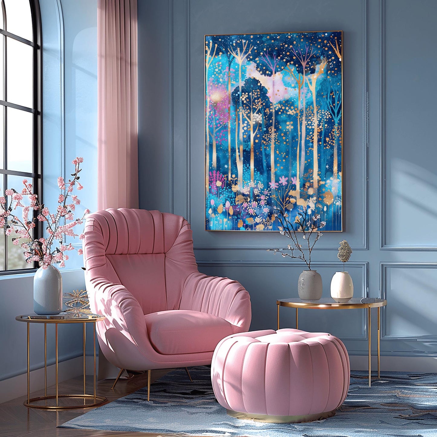 A vertical fine art print in the style of Gustav Klimt. A mystical forest with slender, glowing white and gold tree trunks set against a deep blue and periwinkle background. The canopy and floor are filled with thousands of tiny, glowing gold and amber dots, with small pink flowers at the base, creating a mosaic-like effect.