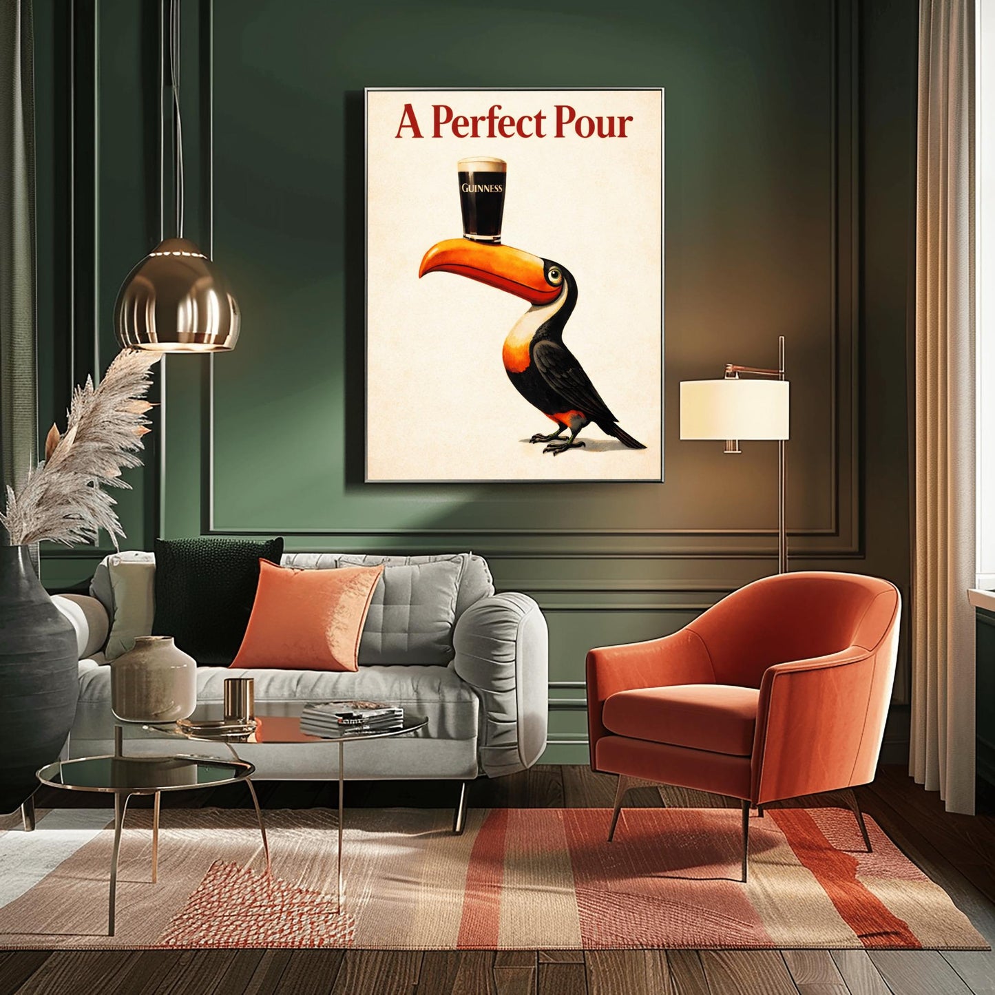 A vertical minimalist vintage-style poster. A colorful toucan with a bright orange beak balances a single pint of dark Guinness beer on its bill. The background is a clean, textured cream color. Bold red text at the top reads "A Perfect Pour."
