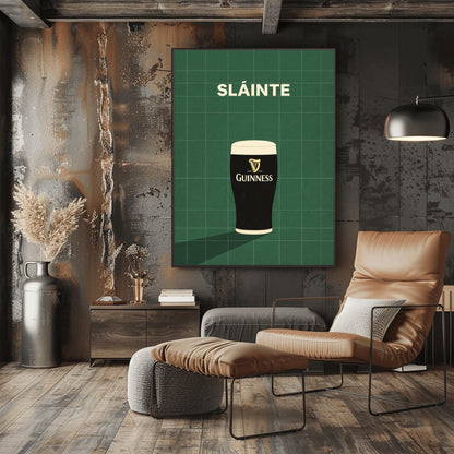 A vertical minimalist graphic with a dark green tiled background. A pint of Guinness with a gold harp logo sits at the bottom, casting a long shadow to the left. At the top, the word "SLÁINTE" is written in a bold, cream-colored font.