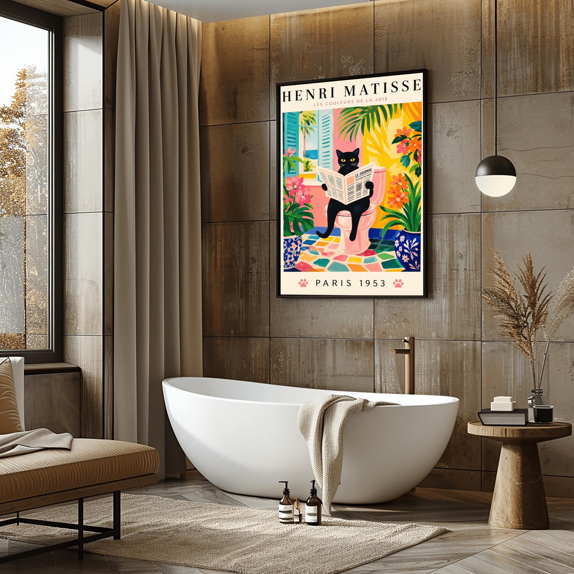 A vertical gallery poster on a cream background titled "HENRI MATISSE - LES COULEURS DE LA JOIE" in black and pink font. The central image shows a sleek black cat with bright yellow eyes sitting on a pastel pink toilet, reading a French newspaper titled "LE JOURNAL". The bathroom features an open window with blue shutters looking out at a beach, ocean, and palm trees. The room is decorated with lush green plants, potted orange flowers, and a colorful mosaic stone floor.
