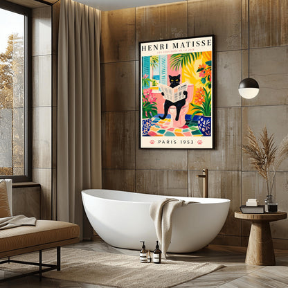 A vertical gallery poster on a cream background titled "HENRI MATISSE - LES COULEURS DE LA JOIE" in black and pink font. The central image shows a sleek black cat with bright yellow eyes sitting on a pastel pink toilet, reading a French newspaper titled "LE JOURNAL". The bathroom features an open window with blue shutters looking out at a beach, ocean, and palm trees. The room is decorated with lush green plants, potted orange flowers, and a colorful mosaic stone floor.