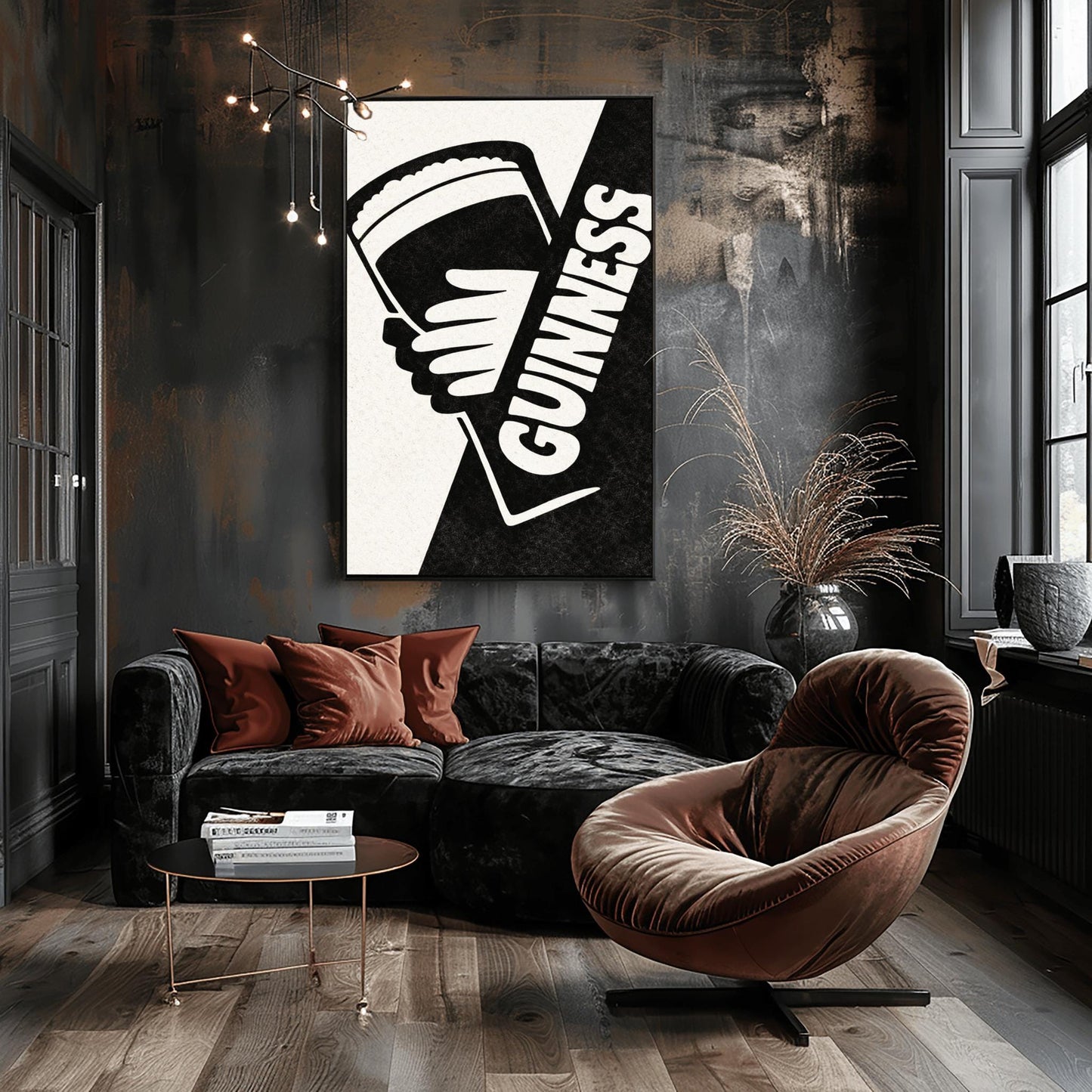 A vertical minimalist graphic divided diagonally into cream and black sections. A white hand holds a pint of Guinness against the black side. The word "GUINNESS" is written vertically in bold white text along the diagonal split.