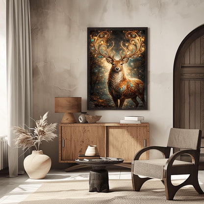 A vertical full-bleed illustration of a stag in the style of Gustav Klimt. The stag has massive, swirling golden antlers decorated with glowing gems. Its body is a mosaic of gold and turquoise. It stands in a misty, dark forest filled with golden sparks and floating embers.